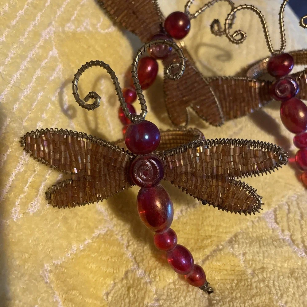 3 Pier One Beaded Dragonfly Napkin Rings ‎ Gold Wire Wings & Red Glass Beads